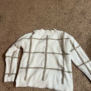 Chic White and Gray Grid Turtleneck Sweater